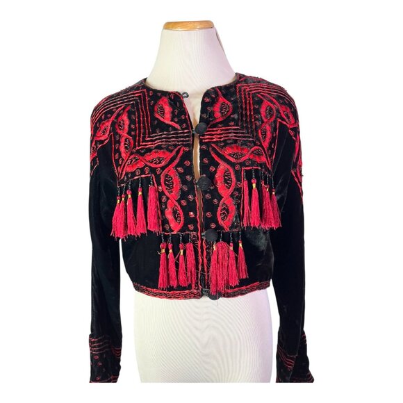 Vintage Scott Taylor Size M? Black Velvet Cropped Jacket Embroidered Beaded - Picture 1 of 16